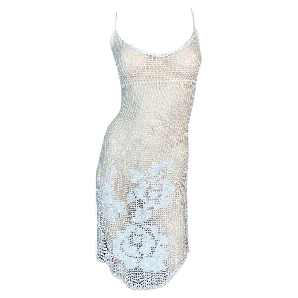 Vintage 1997 Dolce & Gabbana Sheer Ivory Crochet Floral Plunging Wiggle Dress