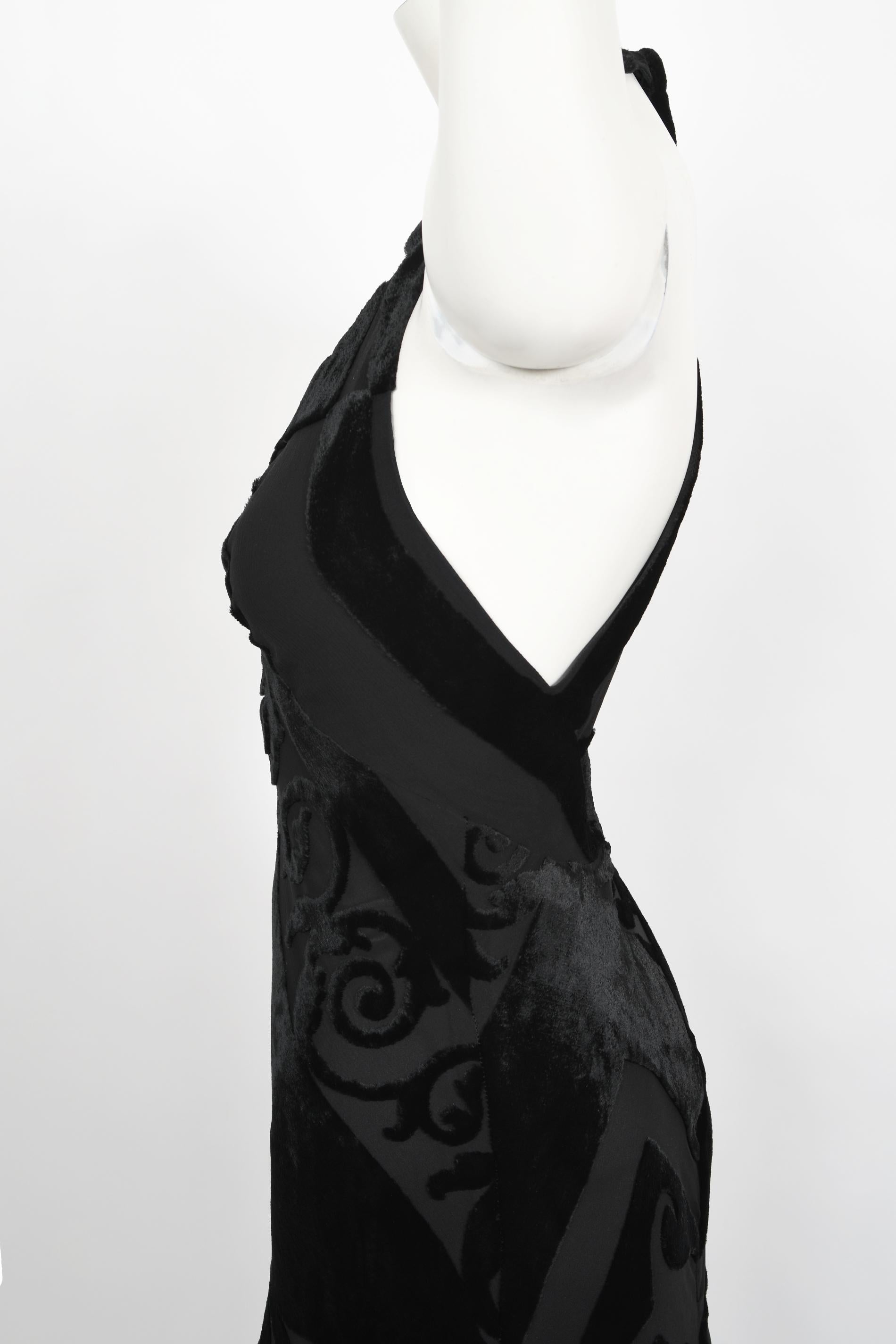 Vintage 1997 Galindo Couture Black Devoré Velvet Bias-Cut Halter Trained Gown  For Sale 5