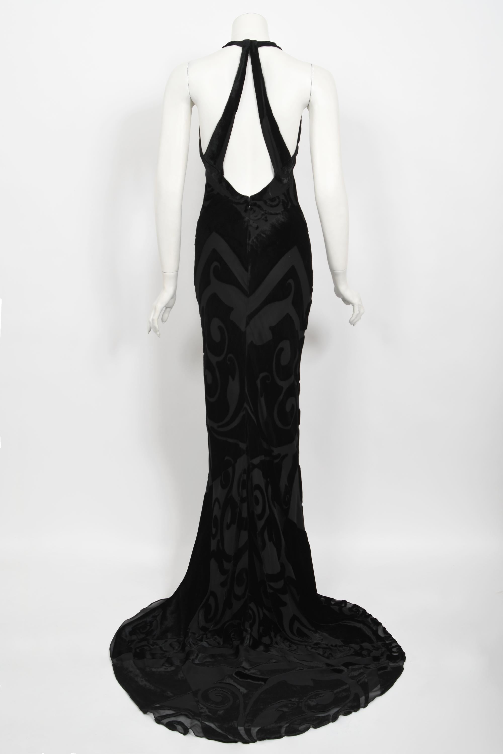 Vintage 1997 Galindo Couture Black Devoré Velvet Bias-Cut Halter Trained Gown  For Sale 7