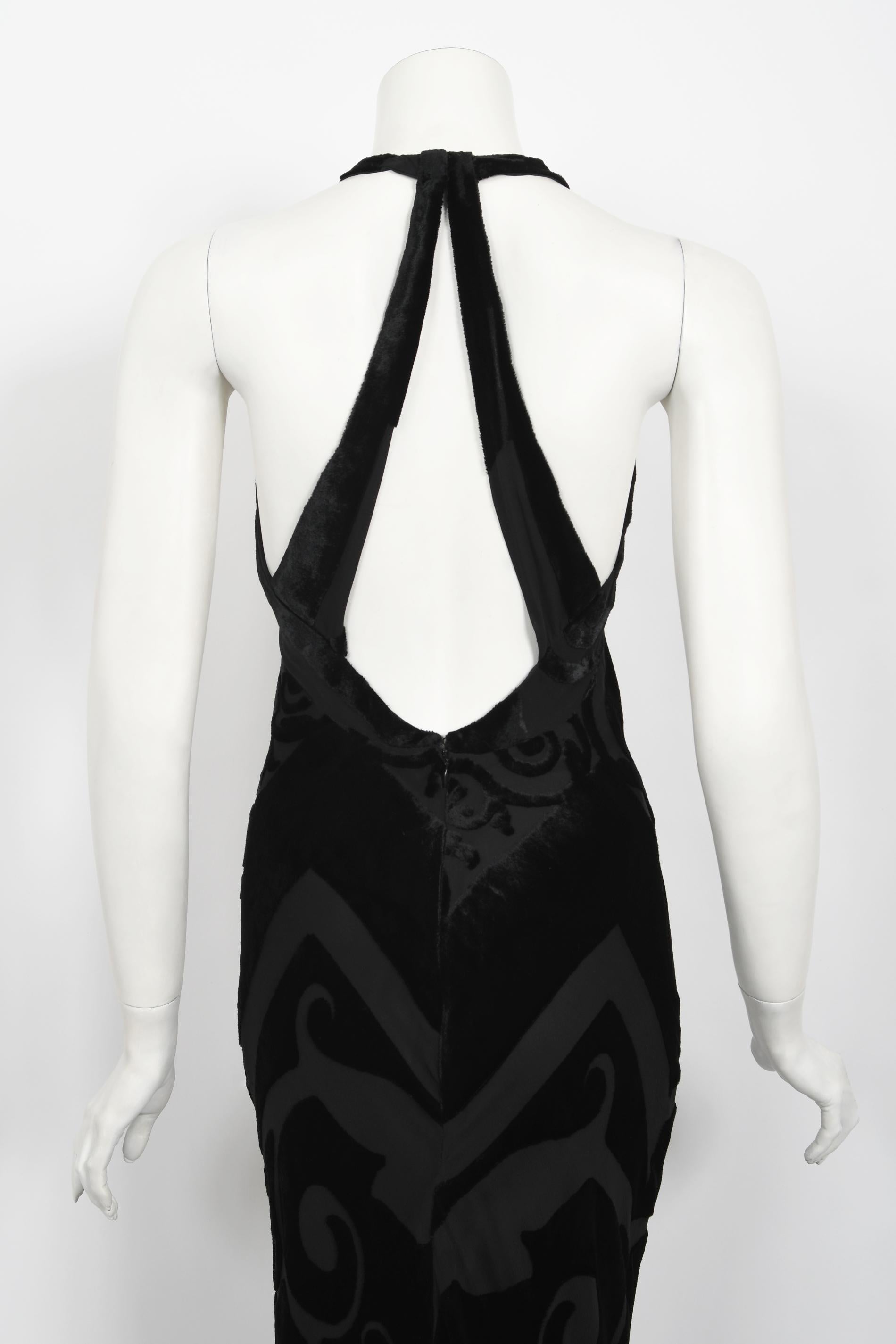 Vintage 1997 Galindo Couture Black Devoré Velvet Bias-Cut Halter Trained Gown  For Sale 8