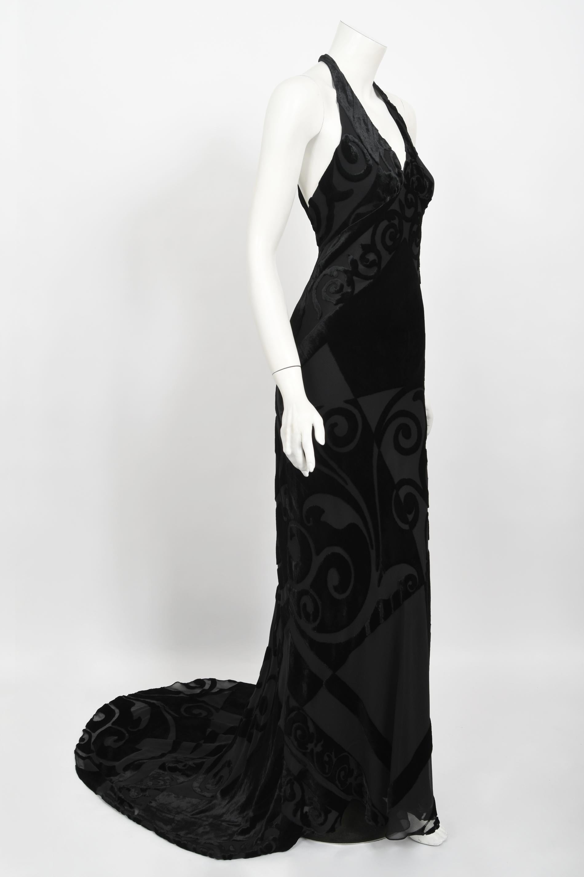 Women's Vintage 1997 Galindo Couture Black Devoré Velvet Bias-Cut Halter Trained Gown  For Sale