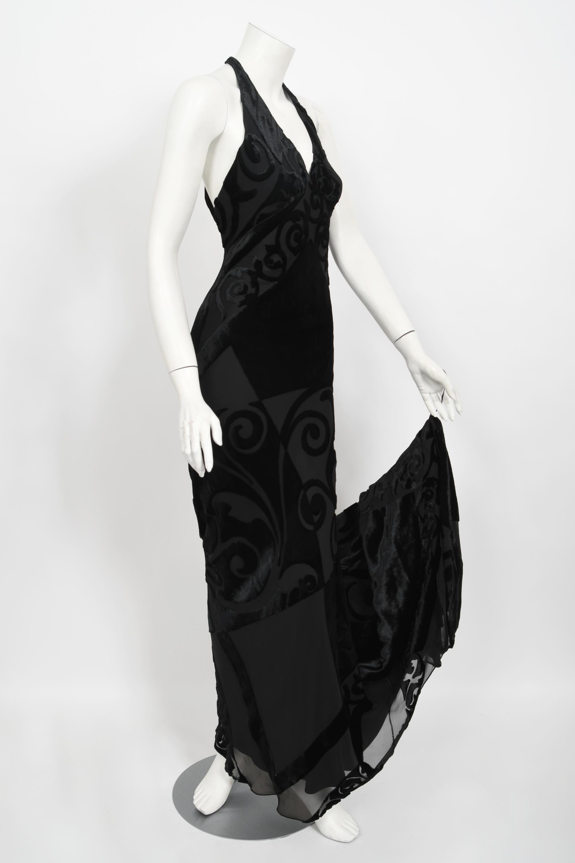 Vintage 1997 Galindo Couture Black Devoré Velvet Bias-Cut Halter Trained Gown  For Sale 1