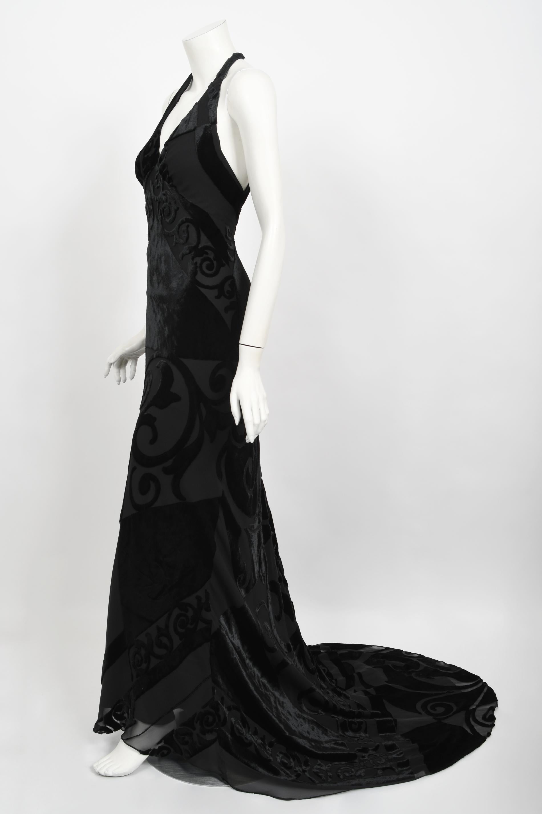 Vintage 1997 Galindo Couture Black Devoré Velvet Bias-Cut Halter Trained Gown  For Sale 3