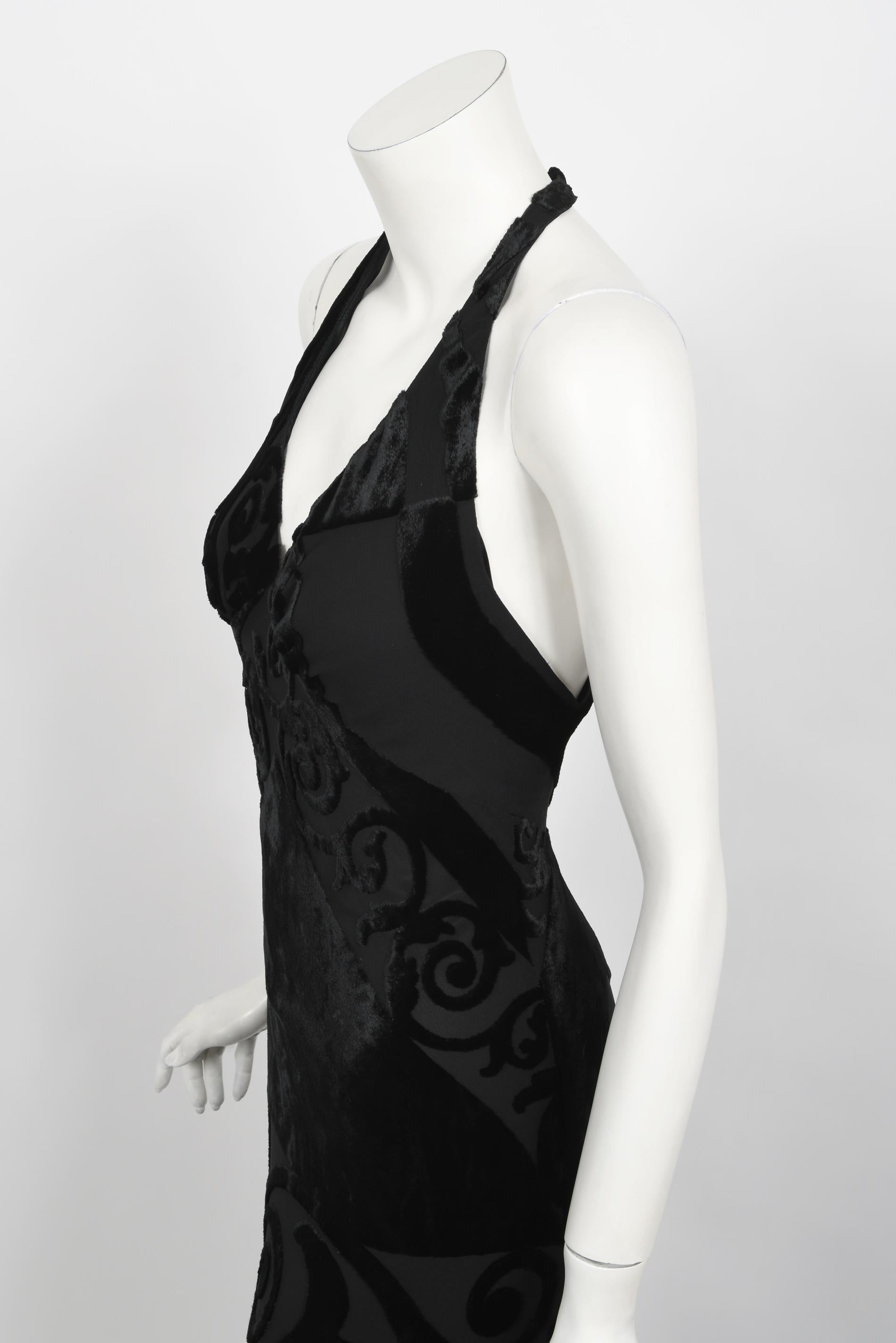 Vintage 1997 Galindo Couture Black Devoré Velvet Bias-Cut Halter Trained Gown  For Sale 4