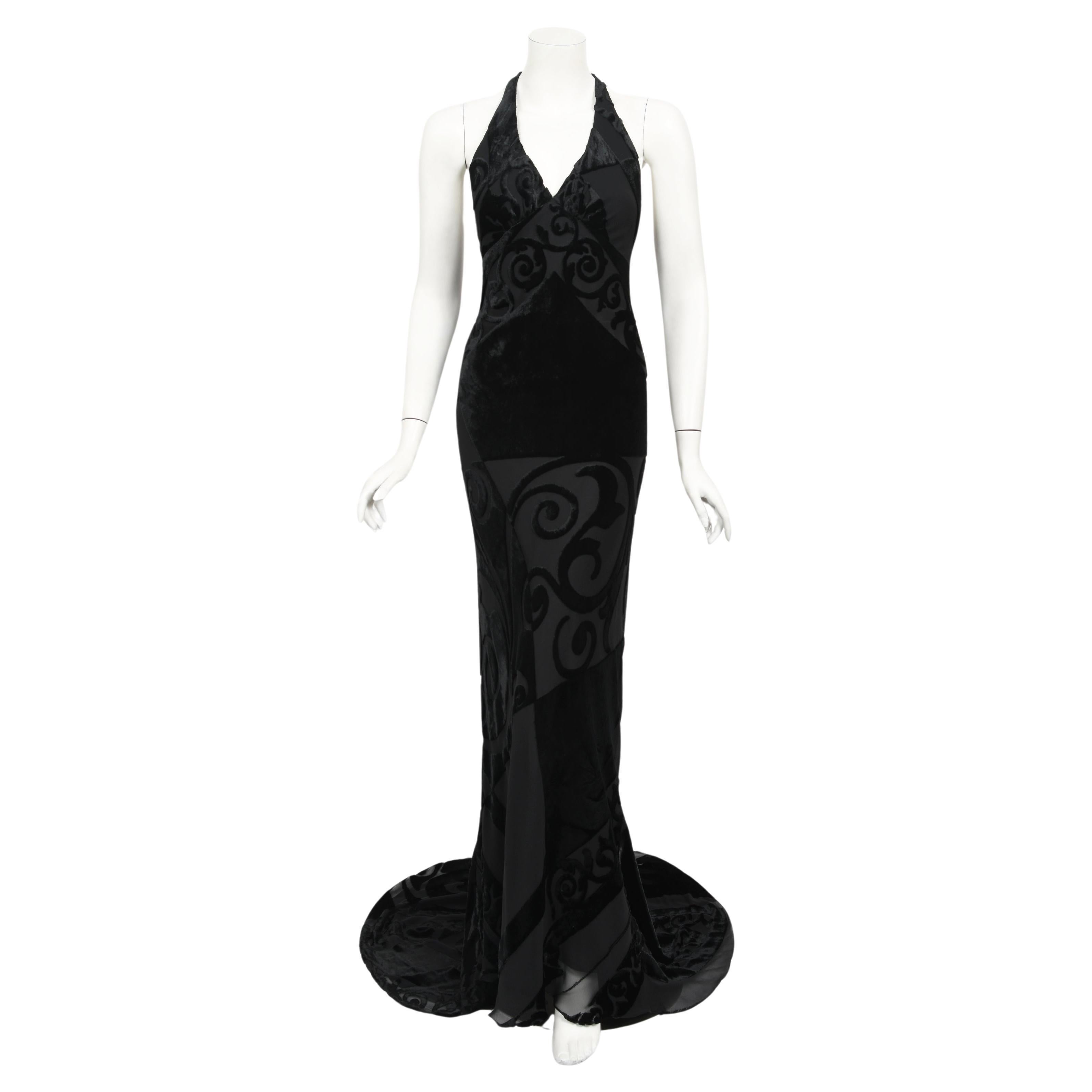 Vintage 1997 Galindo Couture Black Devoré Velvet Bias-Cut Halter Trained Gown  For Sale