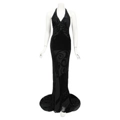 Vintage 1997 Galindo Couture Black Devoré Velvet Bias-Cut Halter Trained Gown 