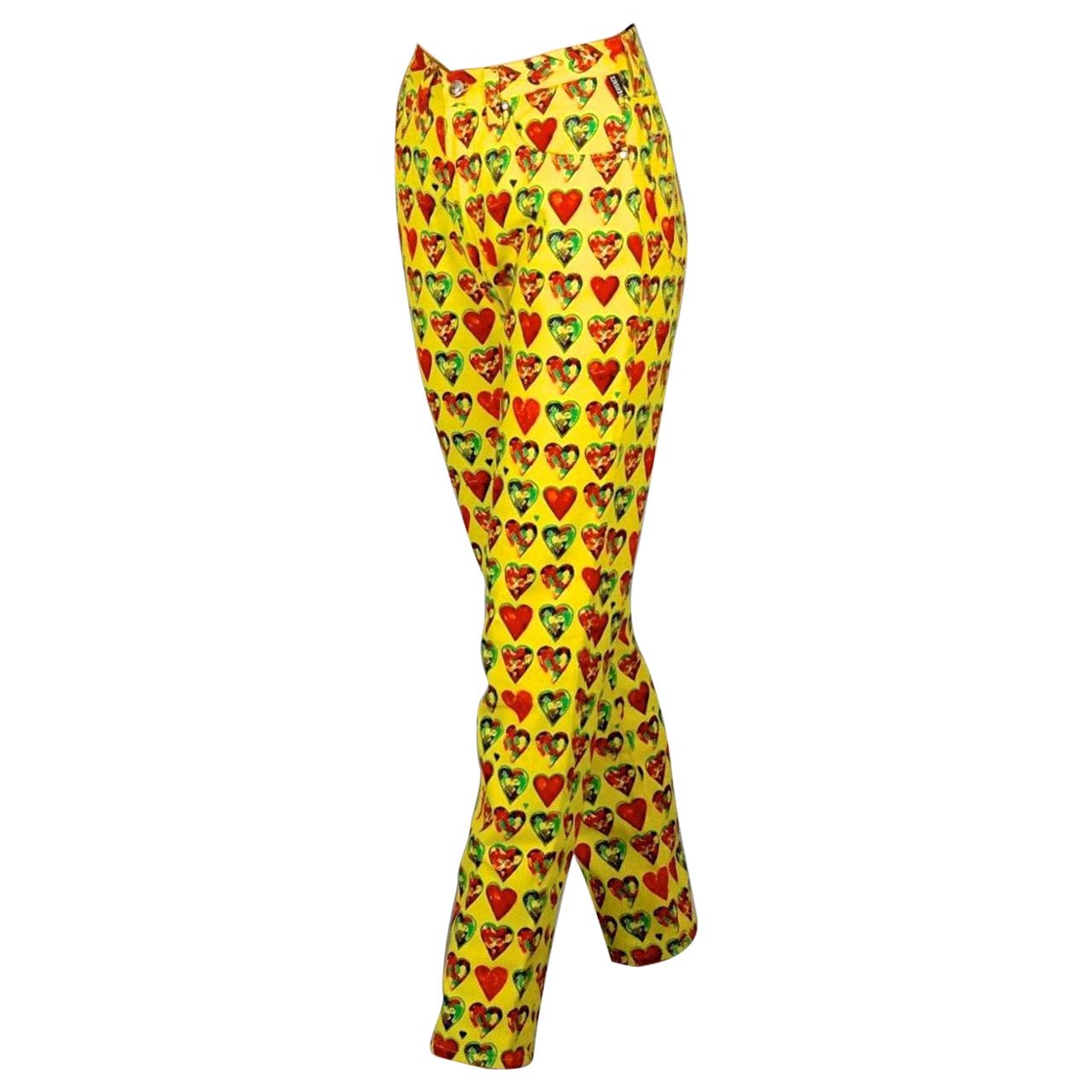 Vintage 1997 GIANNI VERSACE SIGNATURE Multicolor Heart Prints Yellow Pants