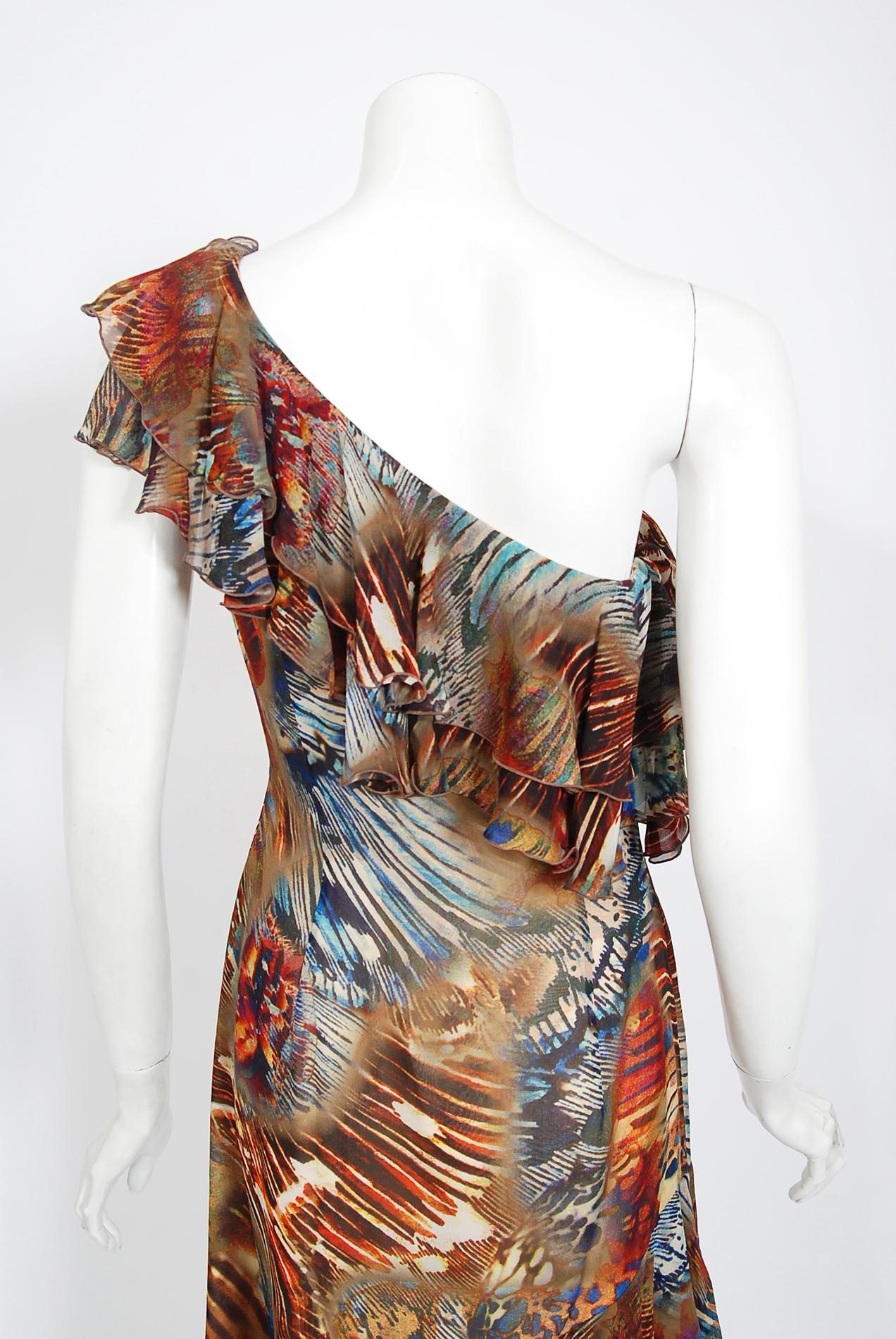 Vintage 1997 Thierry Mugler Couture Butterfly Wings Print Silk Asymmetric Dress 4