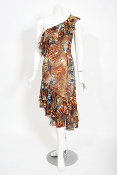 Vintage 1997 Thierry Mugler Couture Butterfly Wings Print Silk Asymmetric Dress