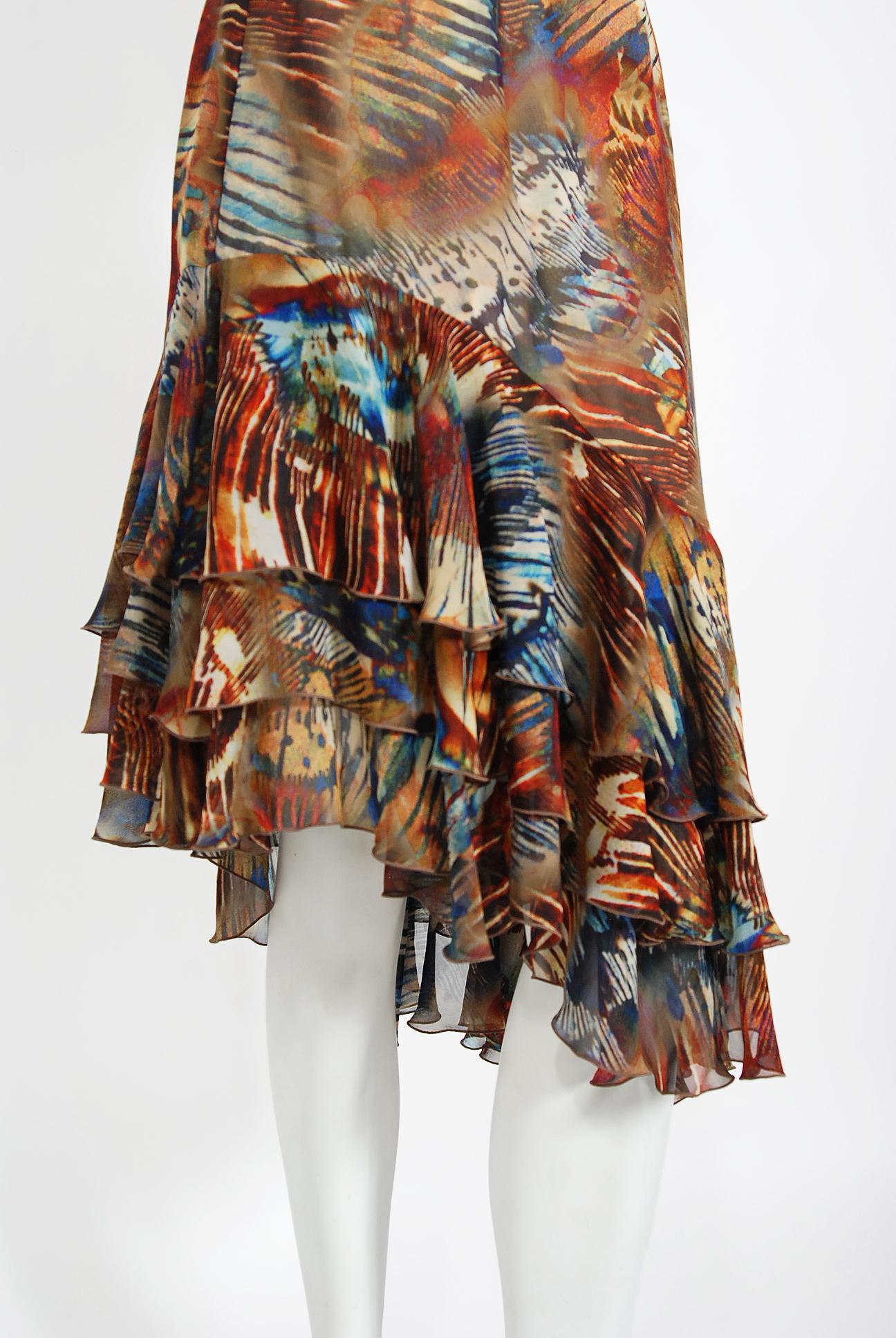 Brown Vintage 1997 Thierry Mugler Couture Butterfly Wings Print Silk Asymmetric Dress