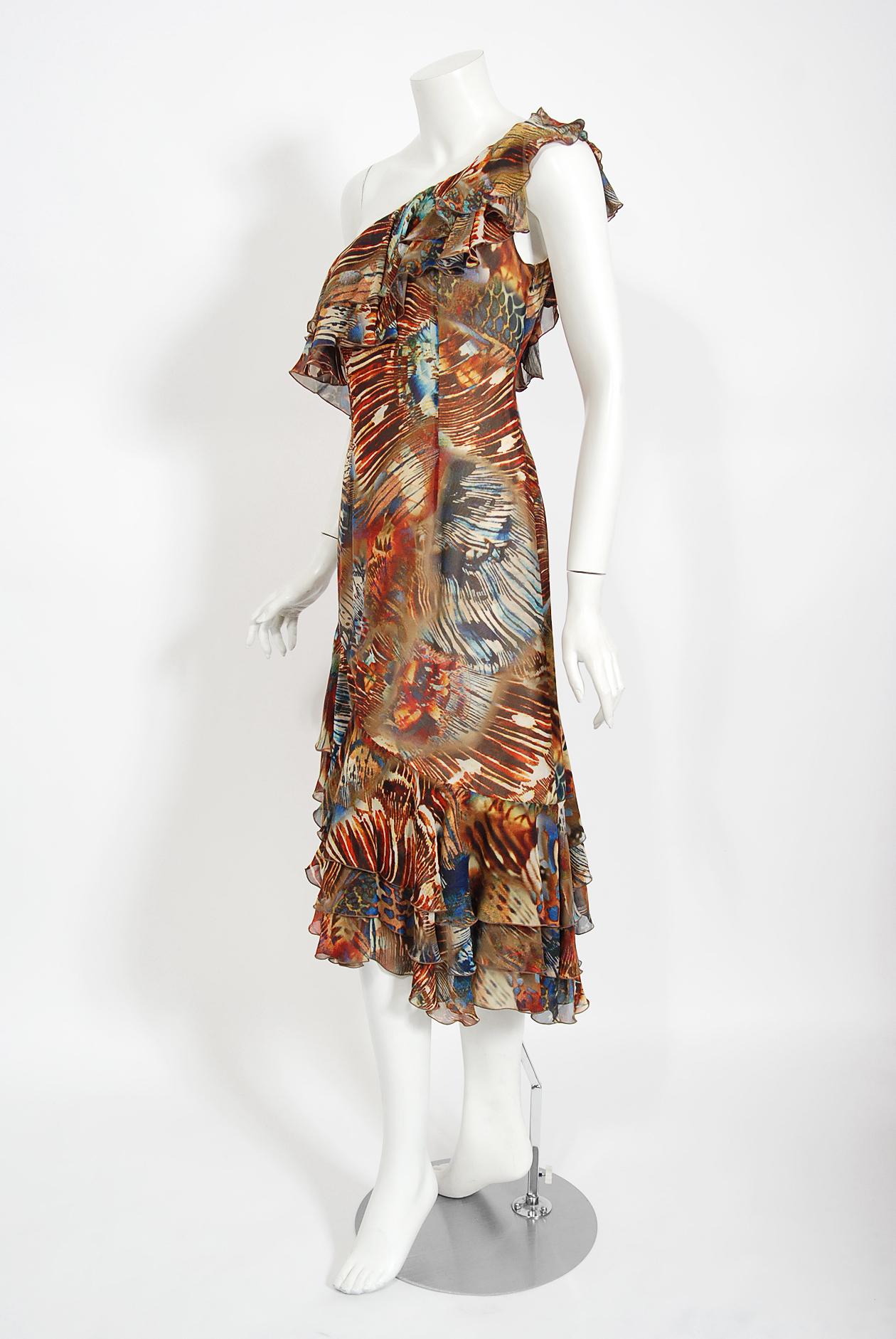 Vintage 1997 Thierry Mugler Couture Butterfly Wings Print Silk Asymmetric Dress In Good Condition In Beverly Hills, CA