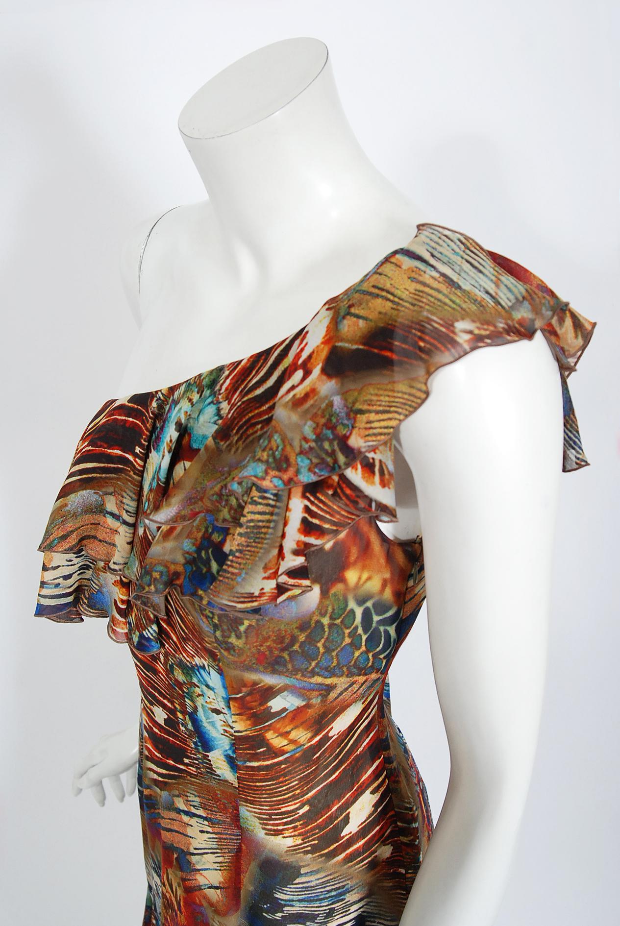 Women's Vintage 1997 Thierry Mugler Couture Butterfly Wings Print Silk Asymmetric Dress