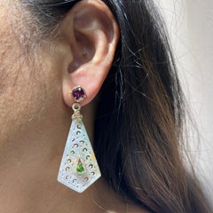 Vintage 19.97Ct Jade Sapphire&Garnet Diamond Drop Earrings in 14K Yellow Gold