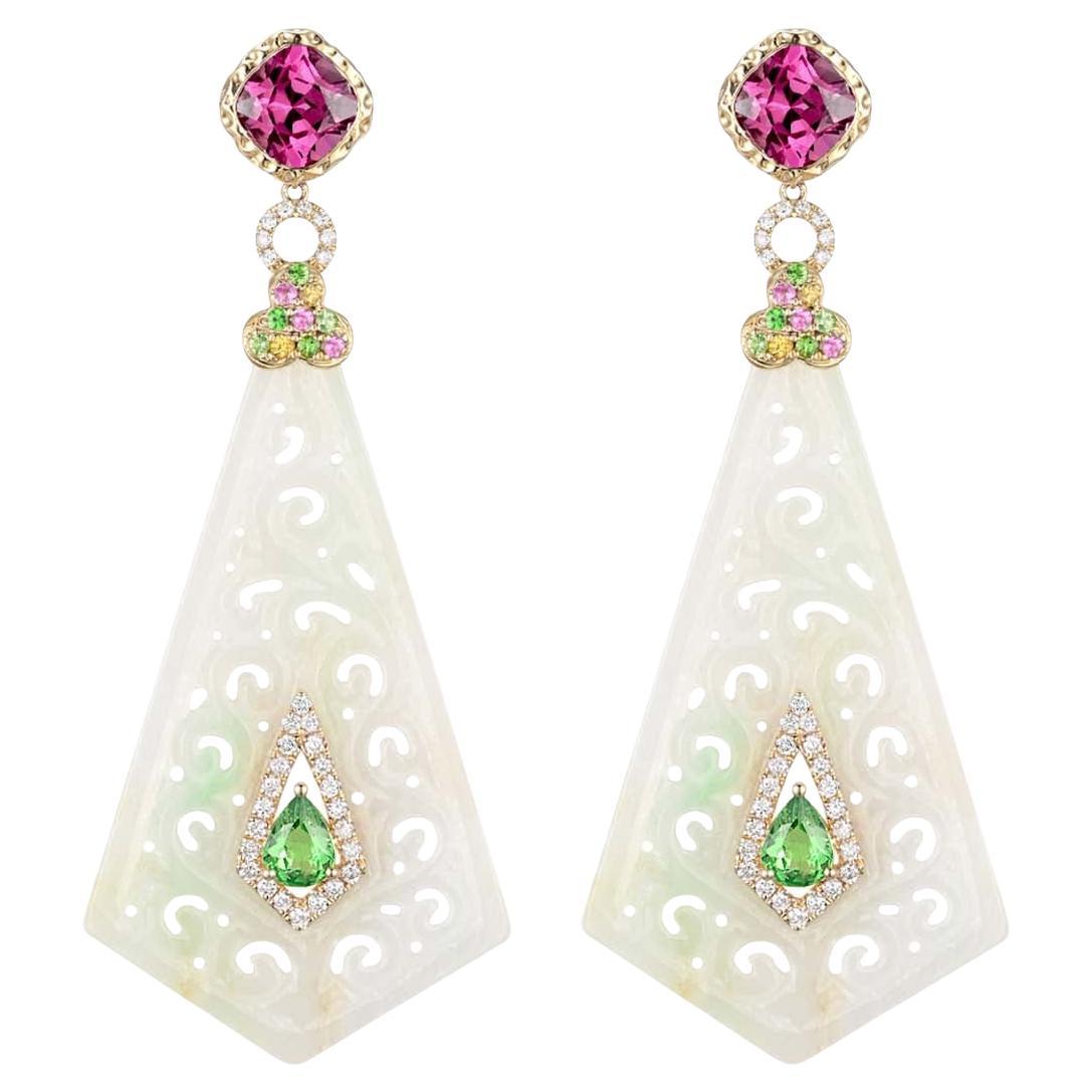 Vintage 19.97Ct Jade Sapphire＆Garnet Diamond Drop Earrings in 14K Yellow Gold