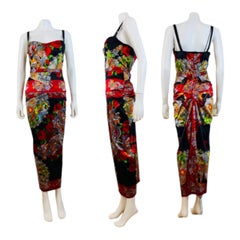 Vintage 1998 1990s Dolce + Gabbana Silk Satin Dragon Floral Corset Bustier Skirt