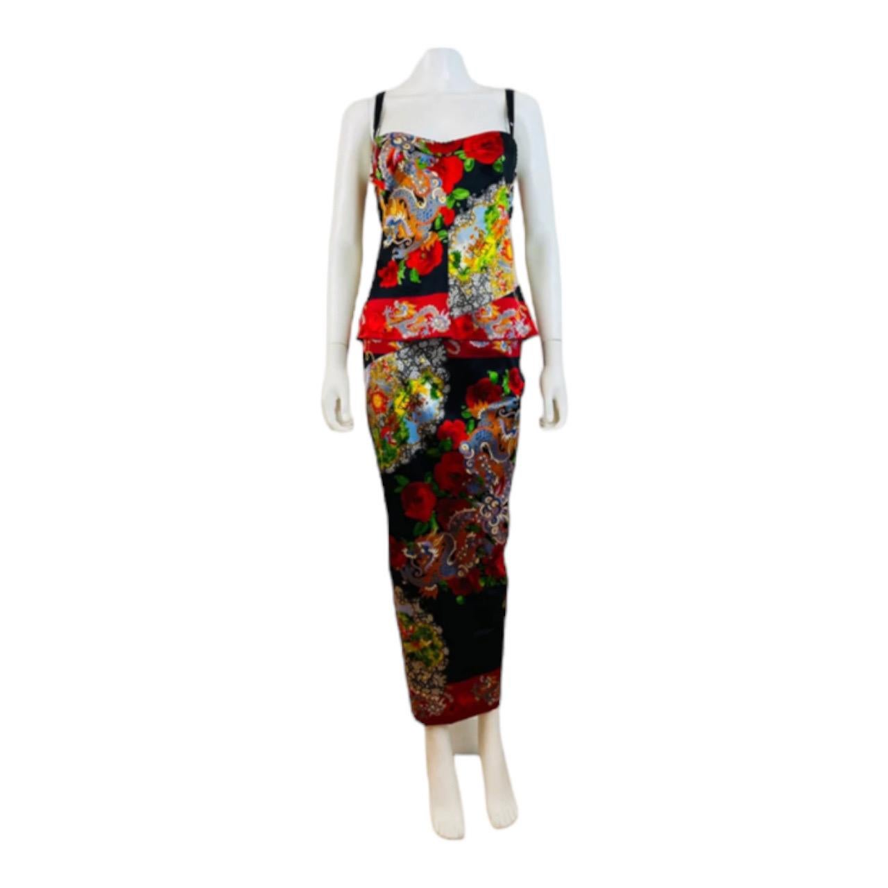 Vintage 1998 1990s Dolce + Gabbana Silk Satin Dragon Floral Corset Bustier Skirt For Sale 1