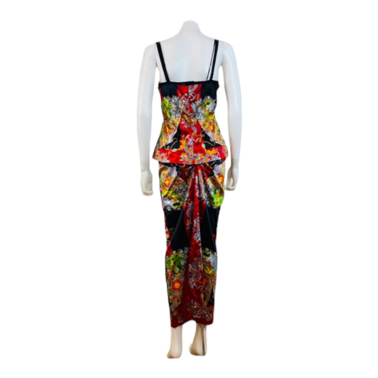 Vintage 1998 1990s Dolce + Gabbana Silk Satin Dragon Floral Corset Bustier Skirt For Sale 7