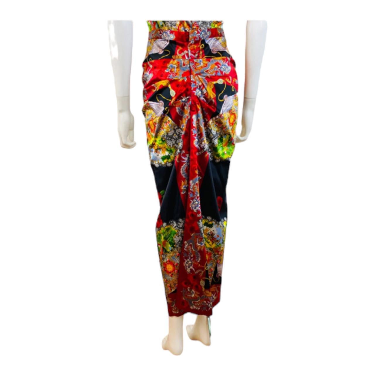Vintage 1998 1990s Dolce + Gabbana Silk Satin Dragon Floral Corset Bustier Skirt For Sale 8