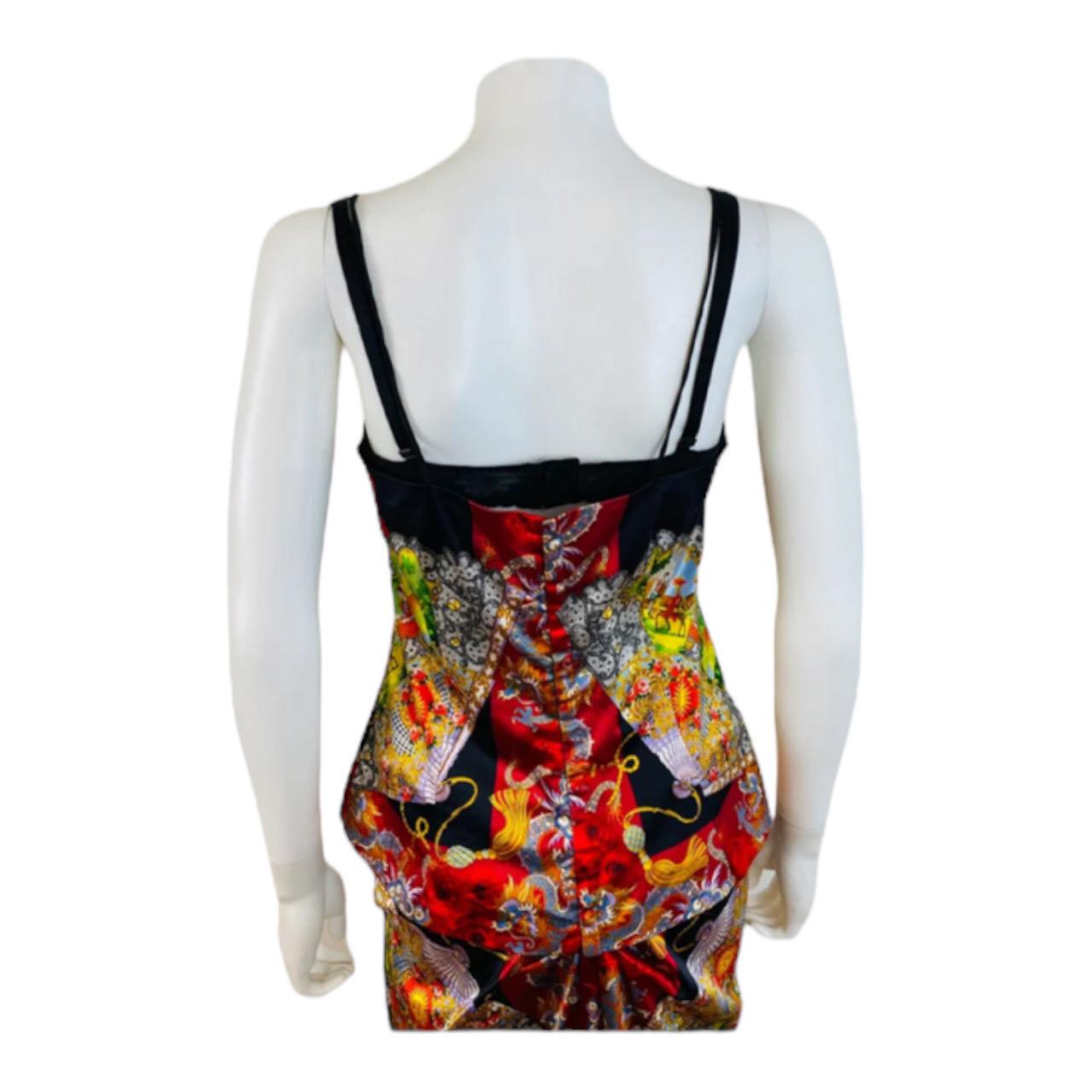 Vintage 1998 1990s Dolce + Gabbana Silk Satin Dragon Floral Corset Bustier Skirt For Sale 10