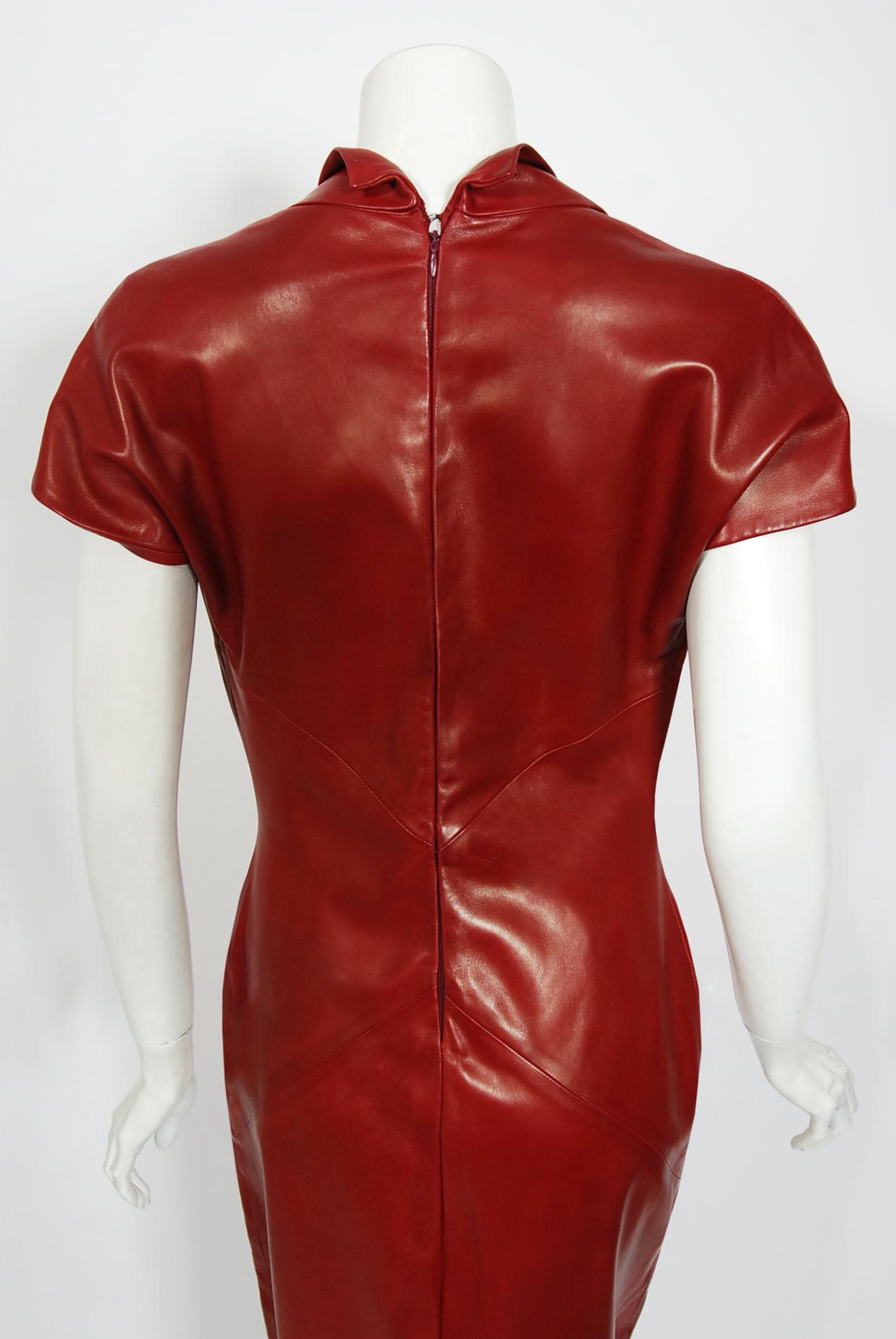 Vintage 1998 Alexander McQueen For Givenchy Runway Red Leather Low-Plunge Gown  2