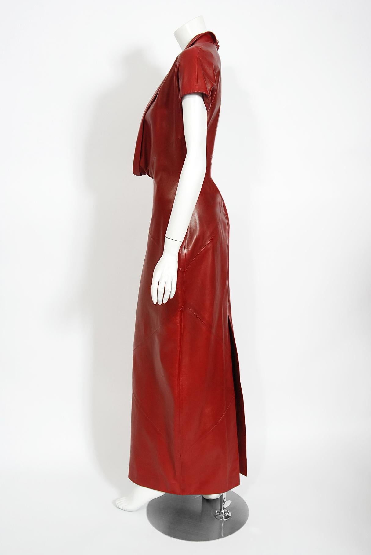 Brown Vintage 1998 Alexander McQueen For Givenchy Runway Red Leather Low-Plunge Gown 