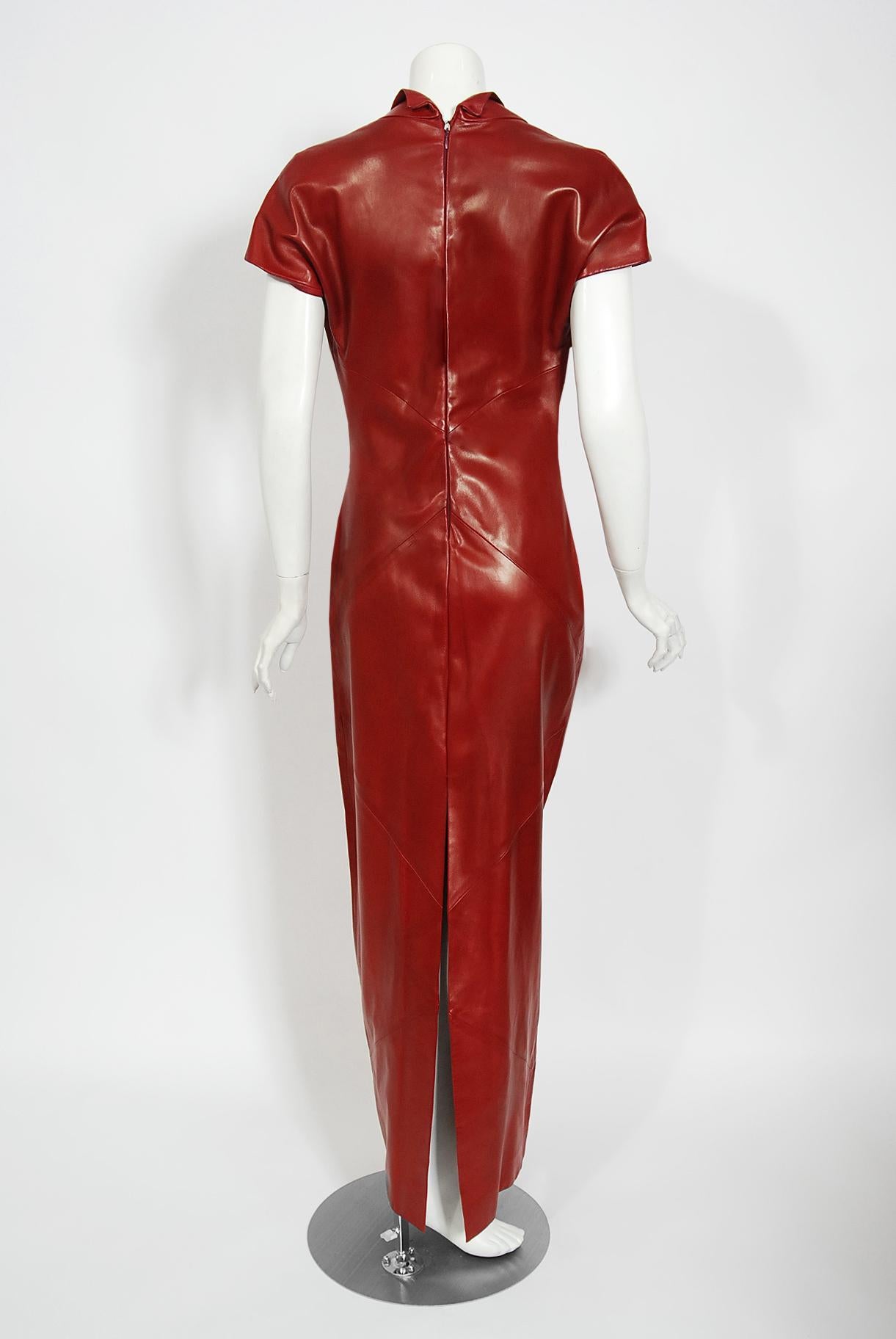 Vintage 1998 Alexander McQueen For Givenchy Runway Red Leather Low-Plunge Gown  1