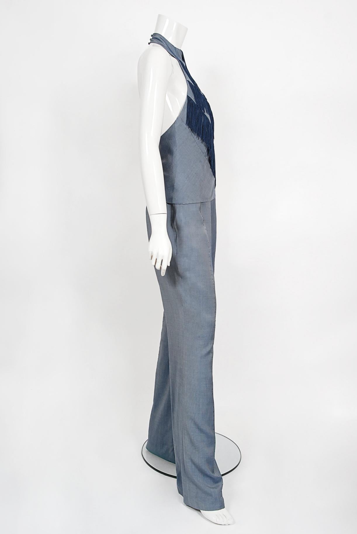 Archival 1998 Alexander McQueen for Givenchy Runway Silk Fringed Halter Pantsuit For Sale 5