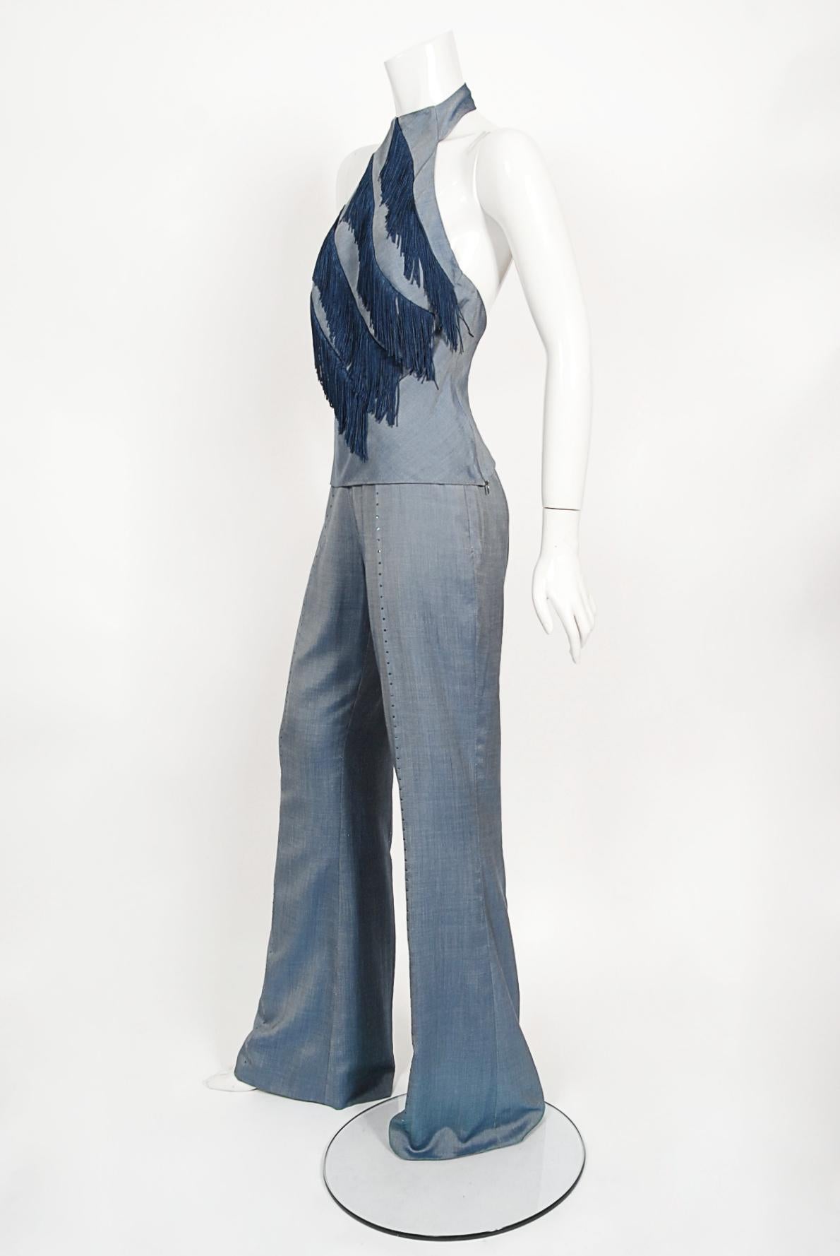 Archival 1998 Alexander McQueen for Givenchy Runway Silk Fringed Halter Pantsuit In Good Condition For Sale In Beverly Hills, CA
