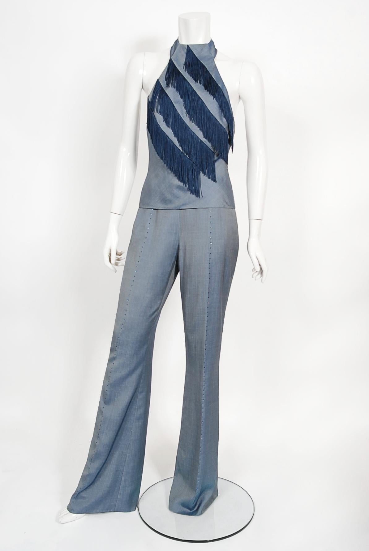 Archival 1998 Alexander McQueen for Givenchy Runway Silk Fringed Halter Pantsuit For Sale 4