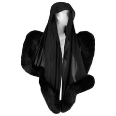 Vintage 1998 Atelier Versace Black Silk & Fur Wrap Shawl Scarf