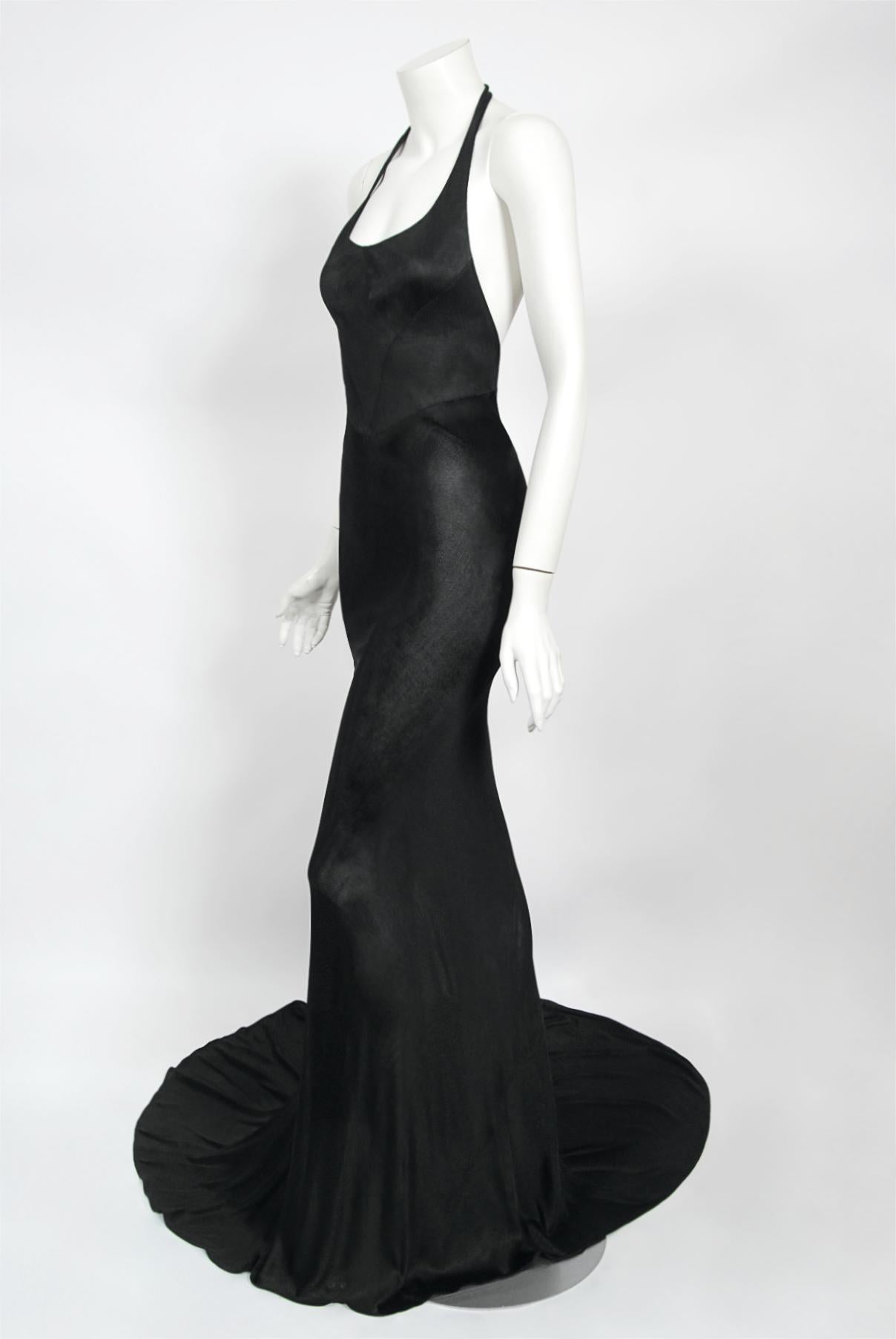 Vintage 1998 Azzedine Alaia Black Knit Hourglass Halter Bias-Cut Trained Gown 6