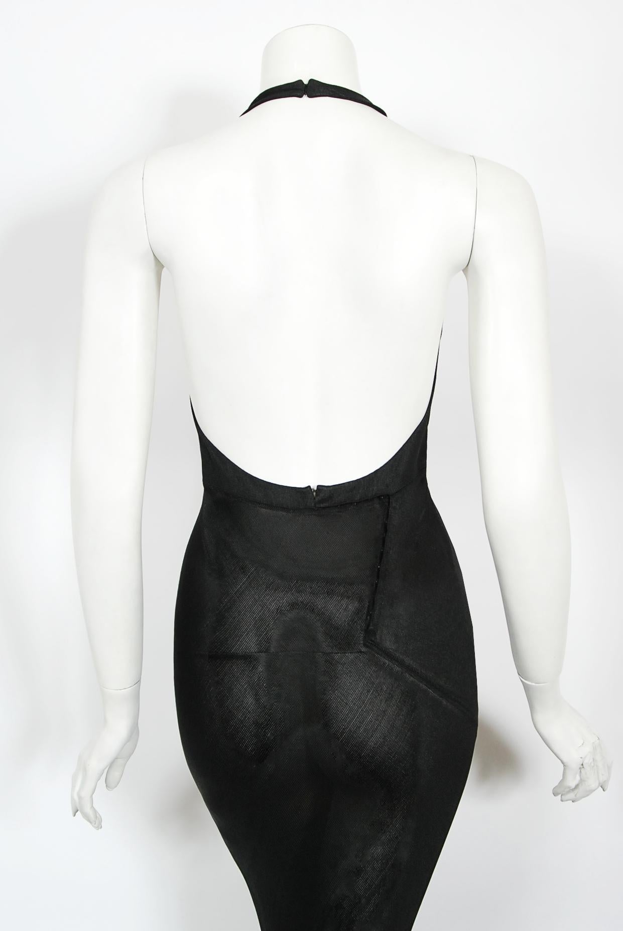 Vintage 1998 Azzedine Alaia Black Knit Hourglass Halter Bias-Cut Trained Gown 10