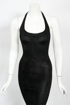 Vintage 1998 Azzedine Alaia Black Knit Hourglass Halter Bias-Cut Trained Gown