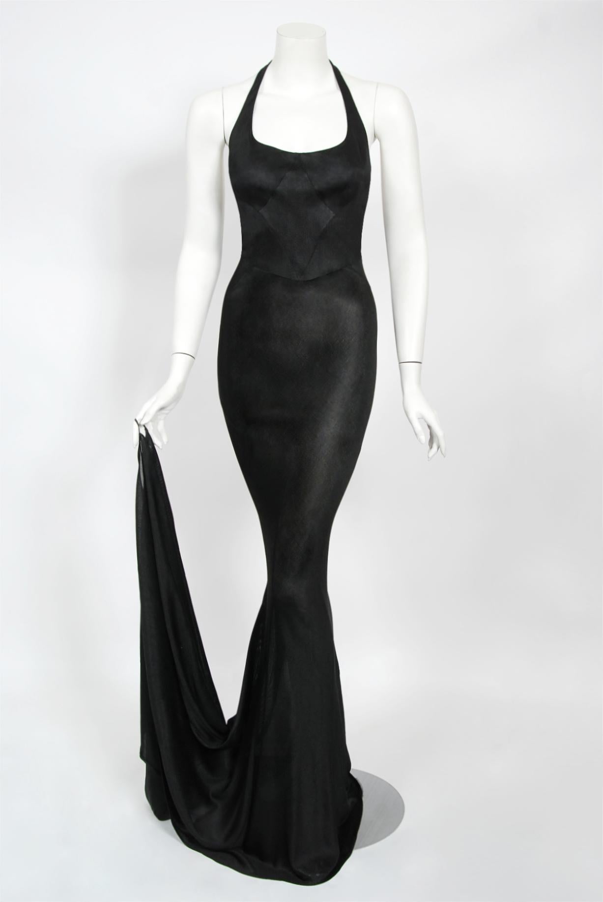 Vintage 1998 Azzedine Alaia Black Knit Hourglass Halter Bias-Cut Trained Gown In Good Condition In Beverly Hills, CA
