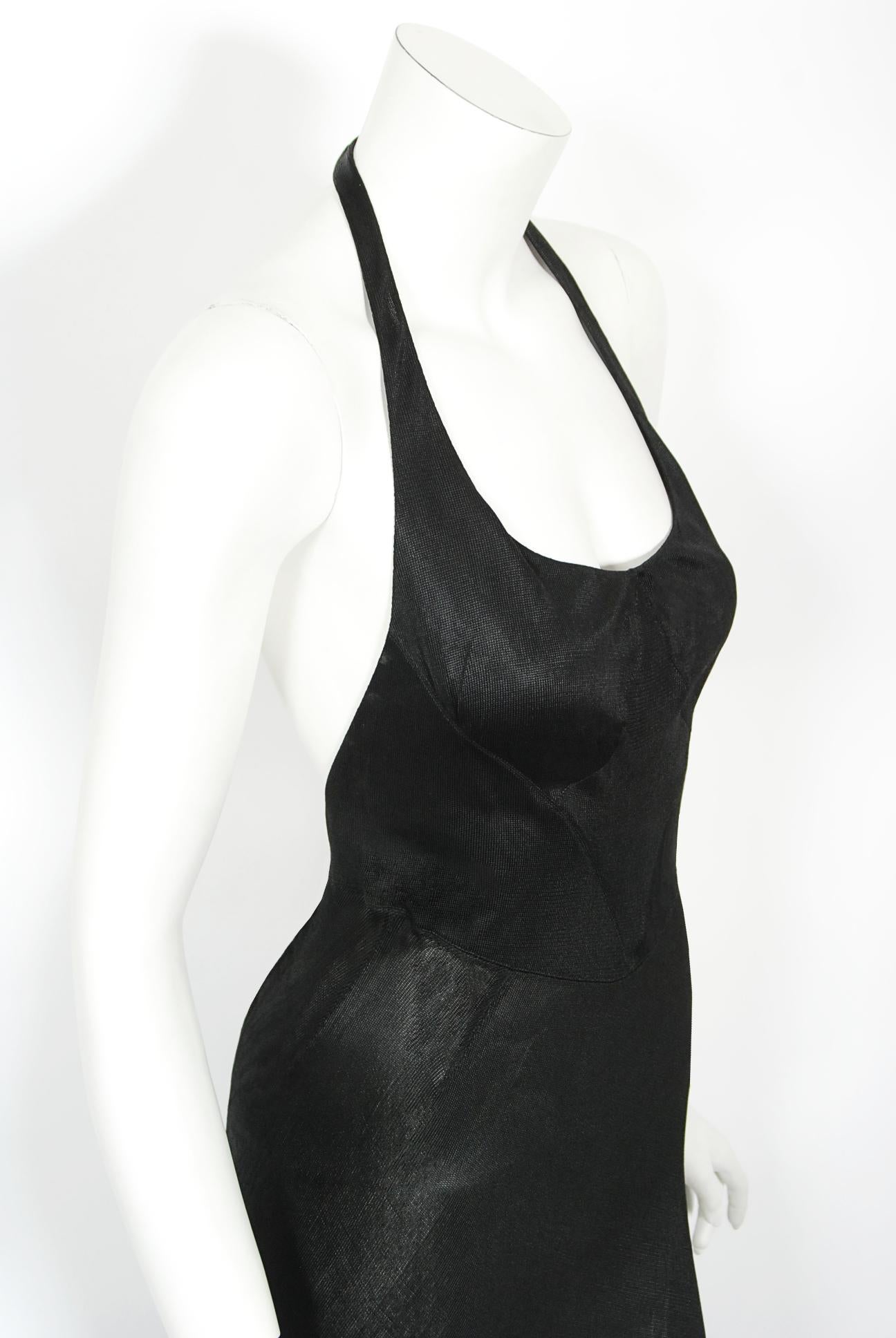 Vintage 1998 Azzedine Alaia Black Knit Hourglass Halter Bias-Cut Trained Gown 3