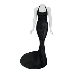 Vintage 1998 Azzedine Alaia Black Knit Hourglass Halter Bias-Cut Trained Gown