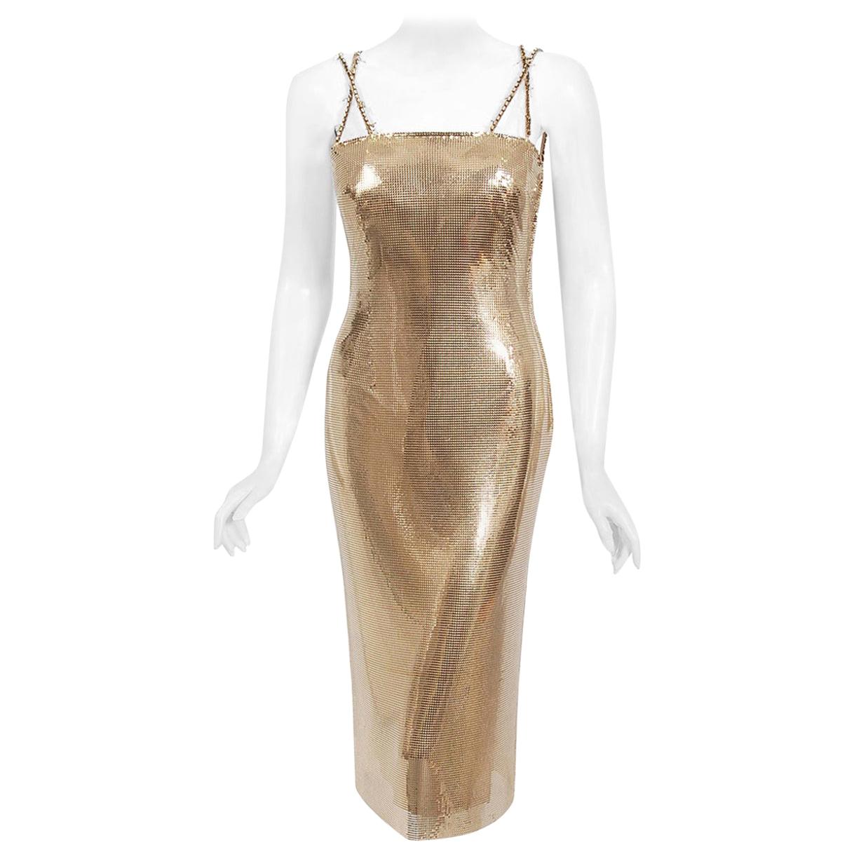 Vintage 1998 Gianni Versace Couture Documented Gold Metal Mesh Hourglass Dress