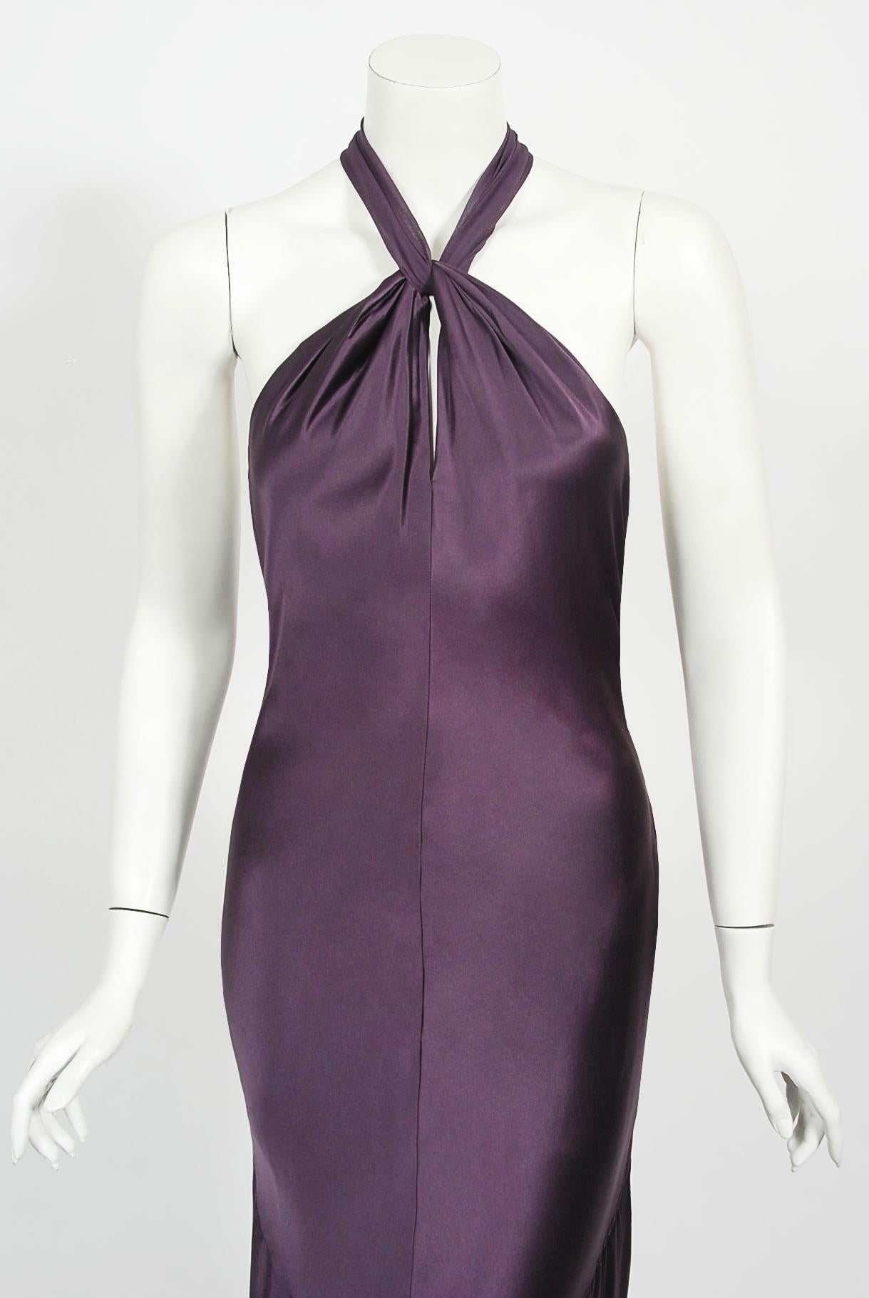 Vintage 1998 Gianni Versace Couture Purple Silk Halter Bias-Cut Sculpted Gown 1