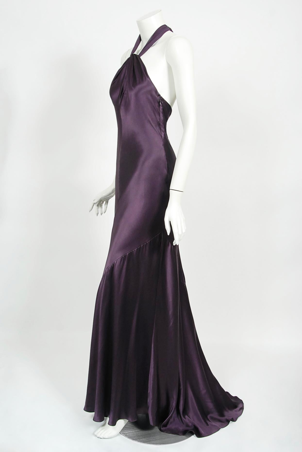 Vintage 1998 Gianni Versace Couture Purple Silk Halter Bias-Cut Sculpted Gown 3
