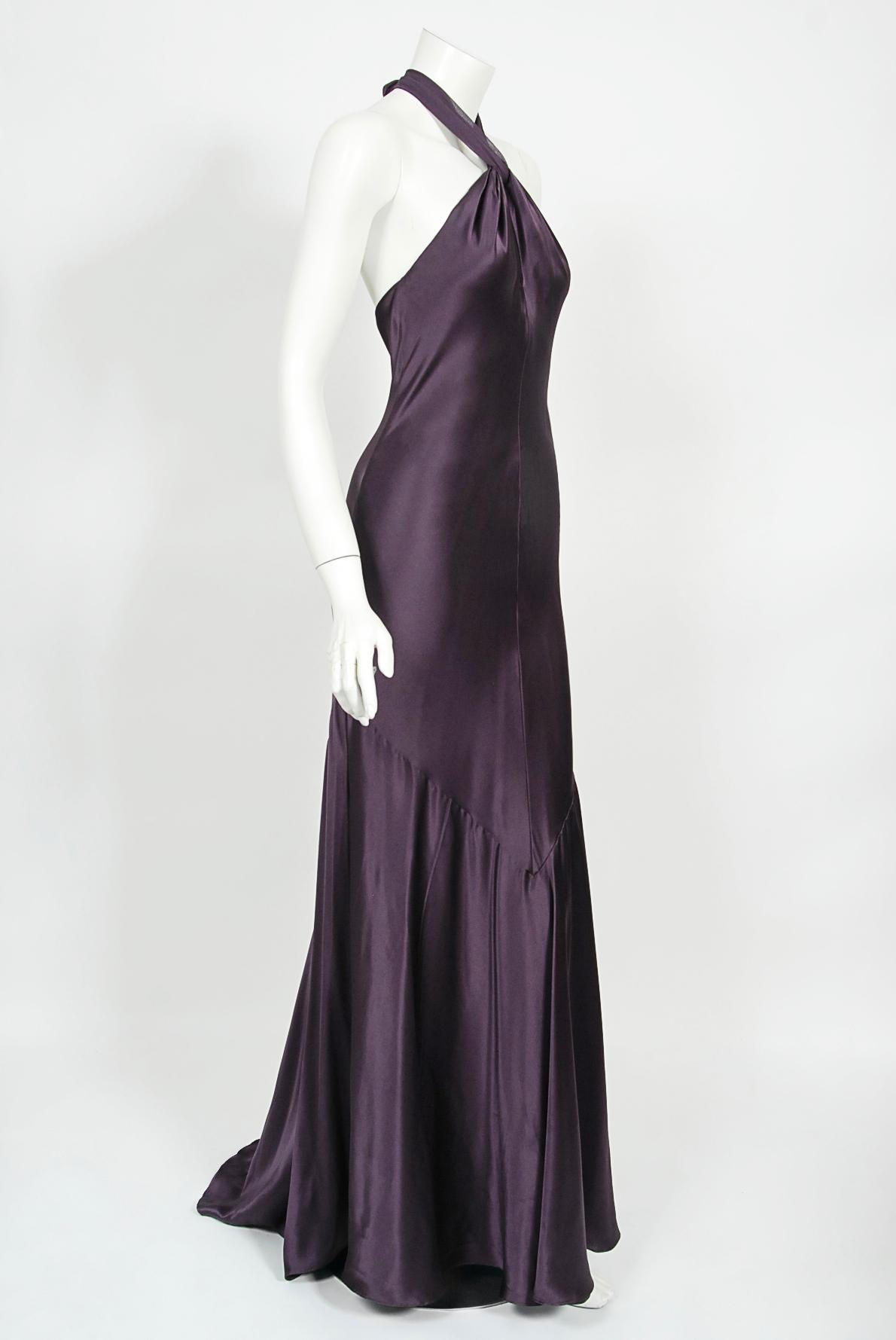 Vintage 1998 Gianni Versace Couture Purple Silk Halter Bias-Cut Sculpted Gown 6