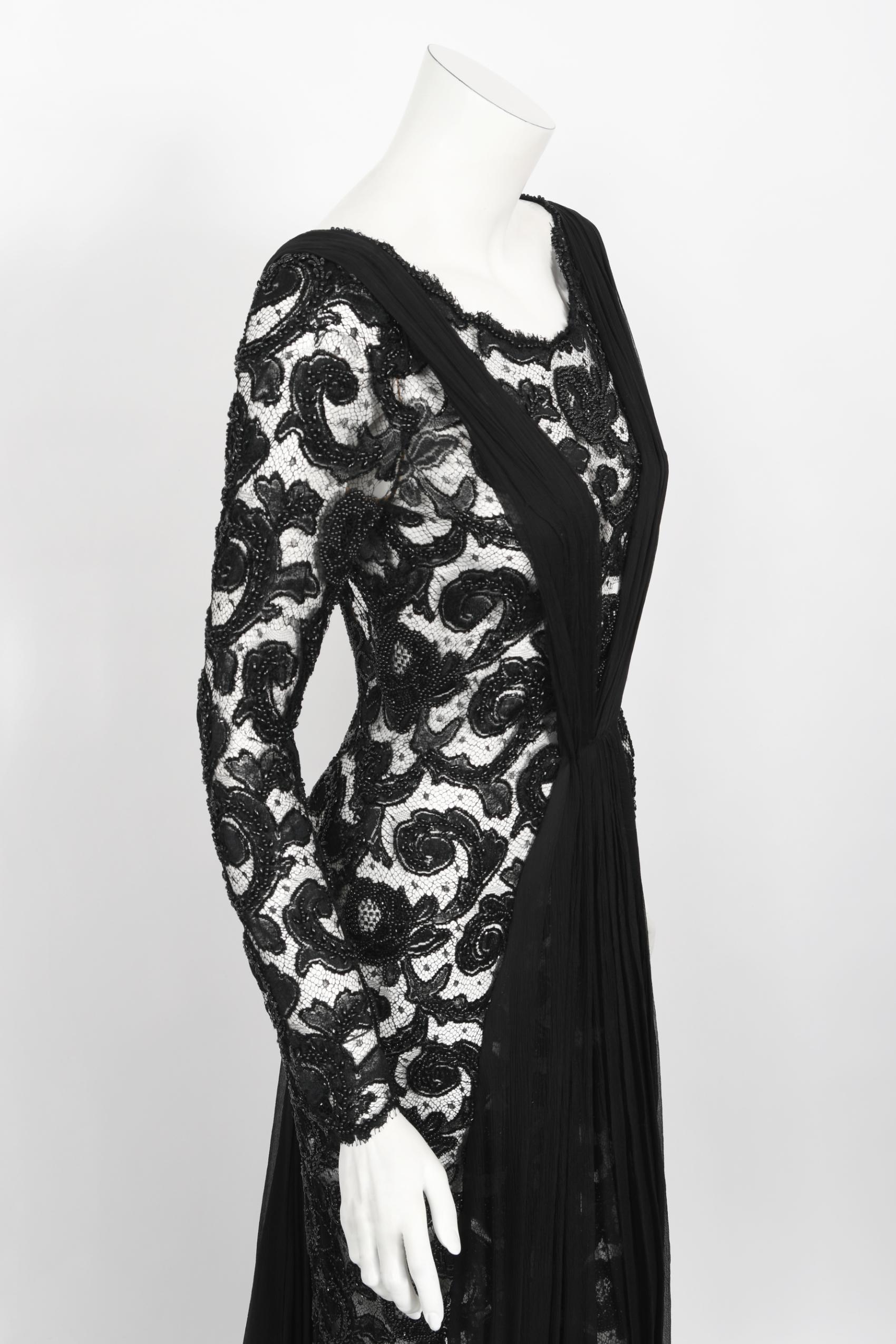 Vintage 1998 Hanae Mori Haute Couture Beaded Sheer Lace & Chiffon Hourglass Gown 10