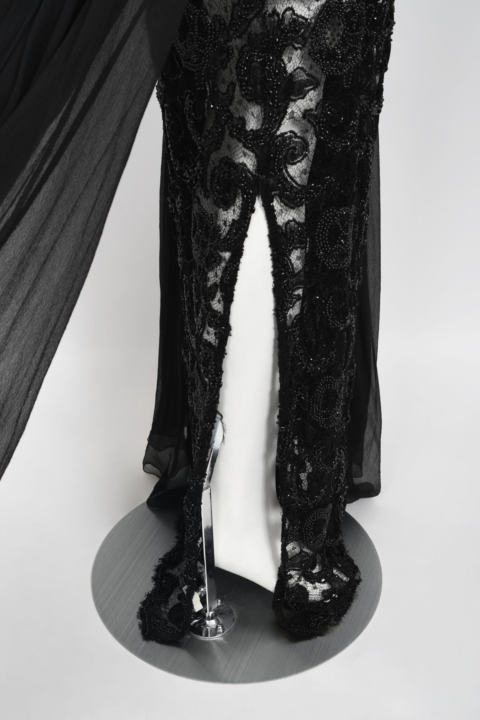 Vintage 1998 Hanae Mori Haute Couture Beaded Sheer Lace & Chiffon Hourglass Gown 13