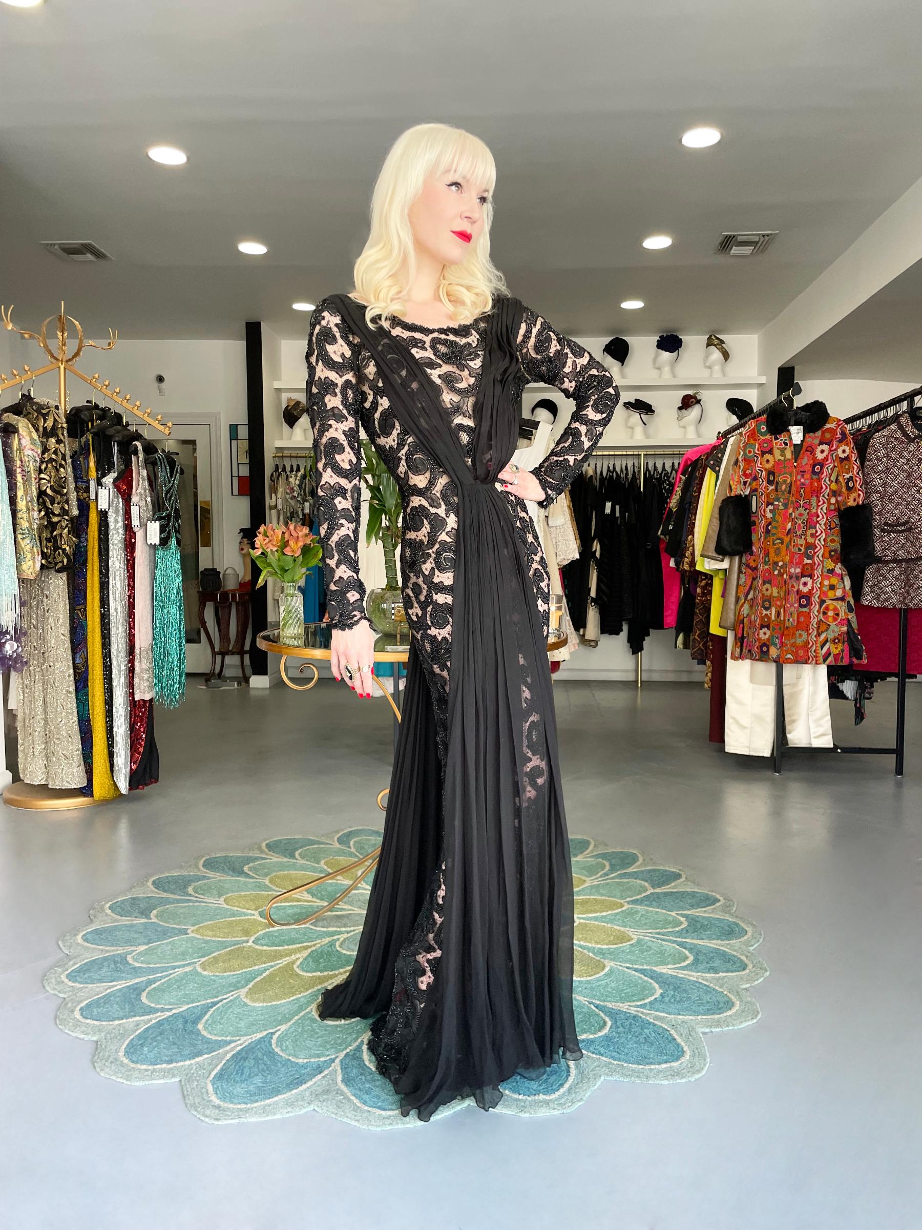 Vintage 1998 Hanae Mori Haute Couture Beaded Sheer Lace & Chiffon Hourglass Gown In Good Condition In Beverly Hills, CA