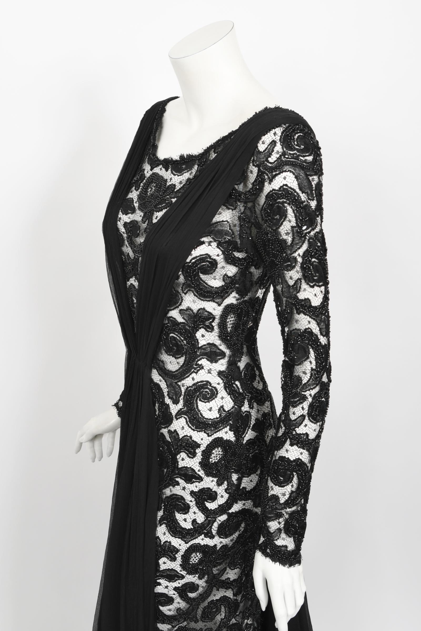 Vintage 1998 Hanae Mori Haute Couture Beaded Sheer Lace & Chiffon Hourglass Gown 4