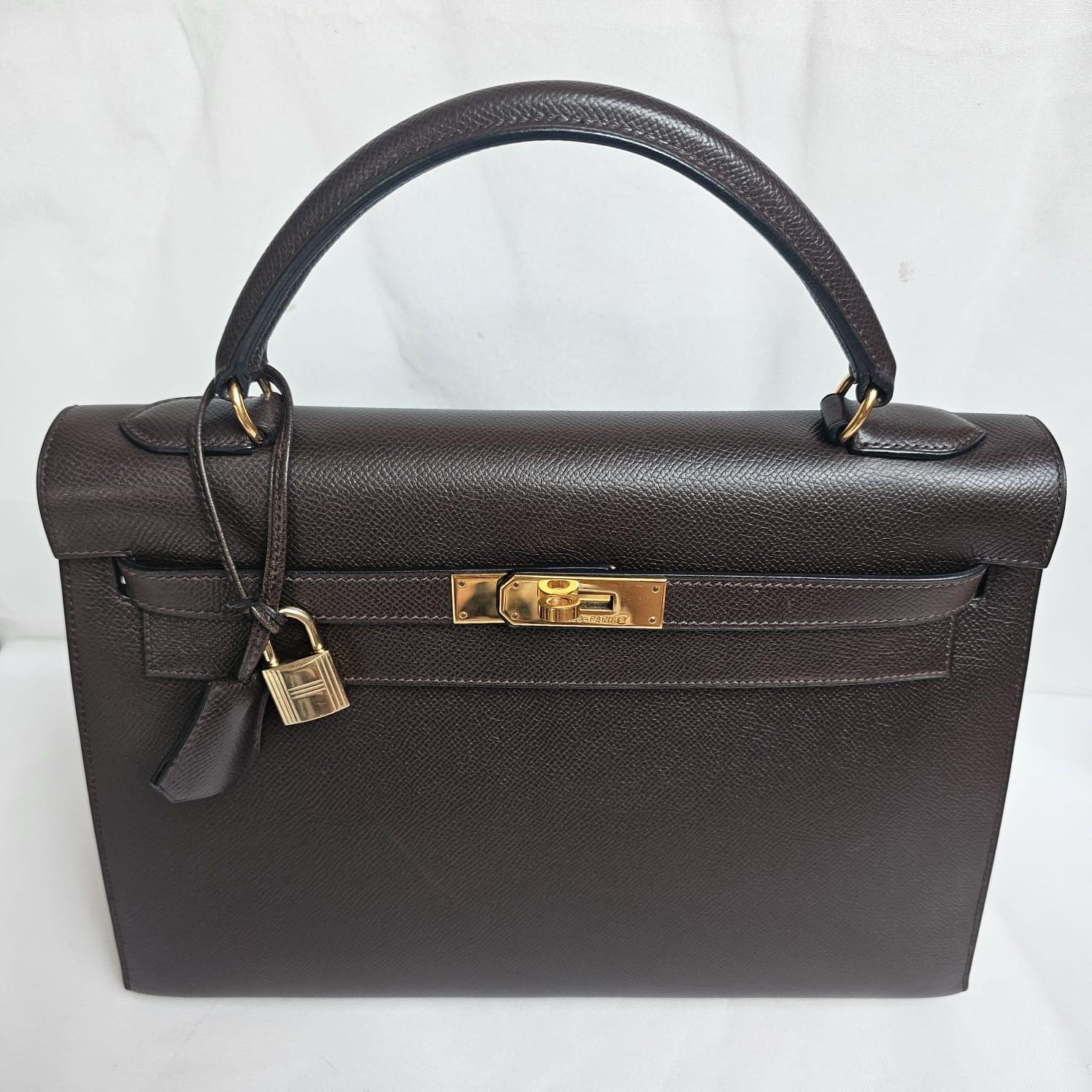 Vintage 1998 Hermes Lisse Leather Cacao Kelly 32 Bag 6