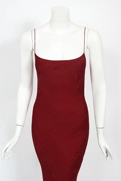 Vintage 1998 John Galliano Wine-Red Patterned Stretch Silk Hourglass Slip Gown