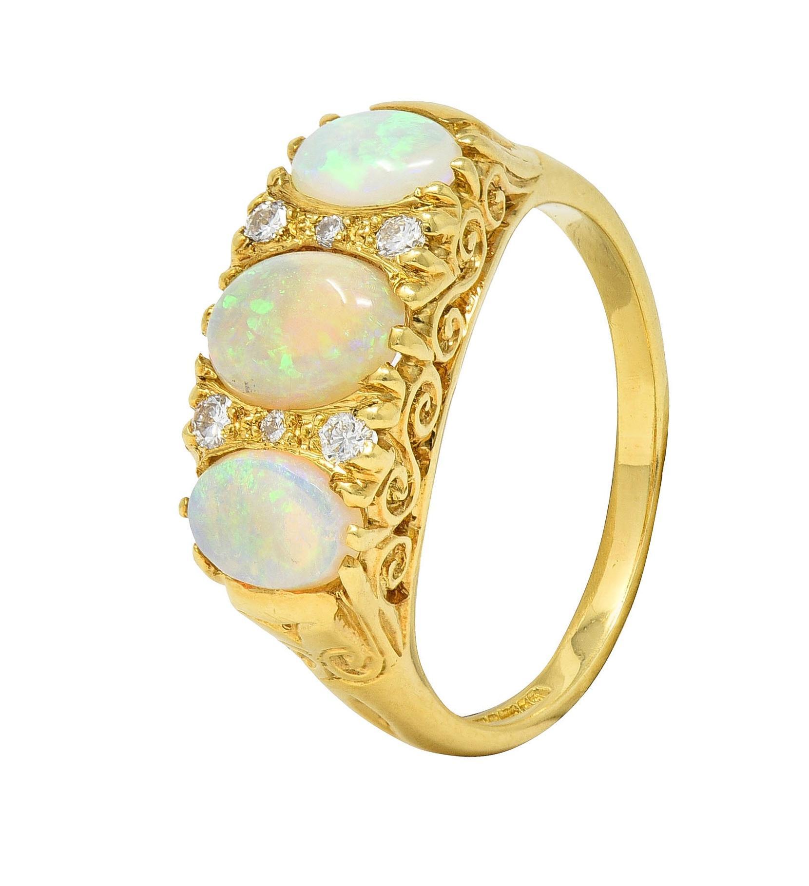 Vintage 1998 Opal Diamond 18 Karat Gold Scrolling Three Stone Ring For Sale 4