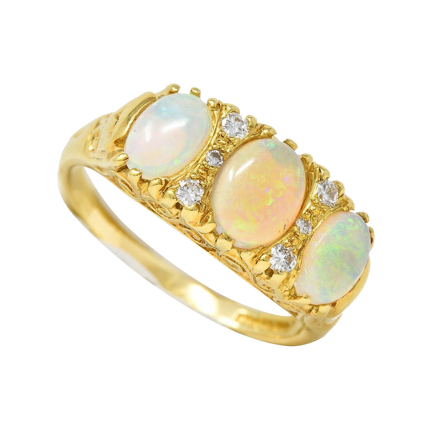 Vintage 1998 Opal Diamond 18 Karat Gold Scrolling Three Stone Ring For Sale 6