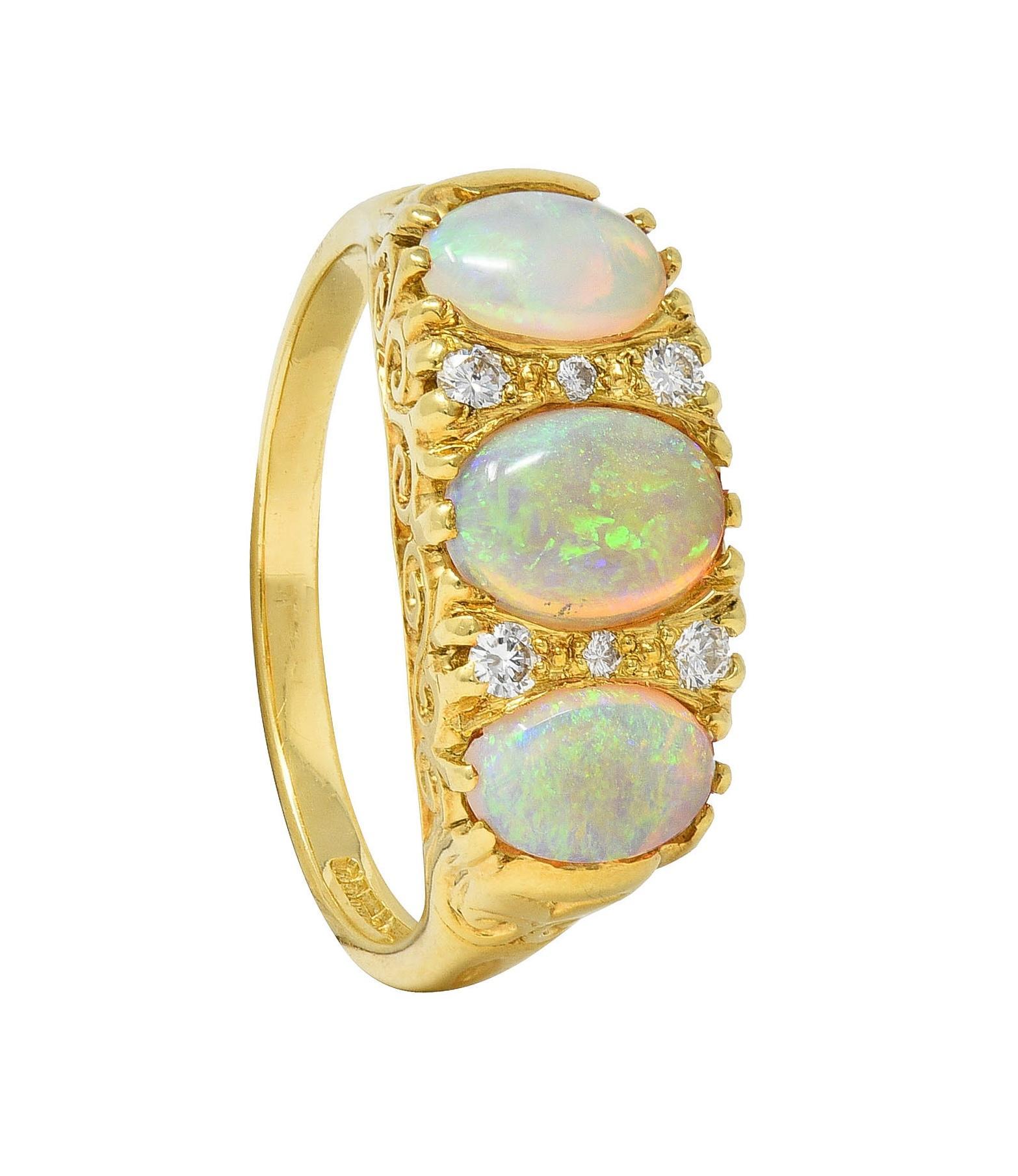 Vintage 1998 Opal Diamond 18 Karat Gold Scrolling Three Stone Ring For Sale 7