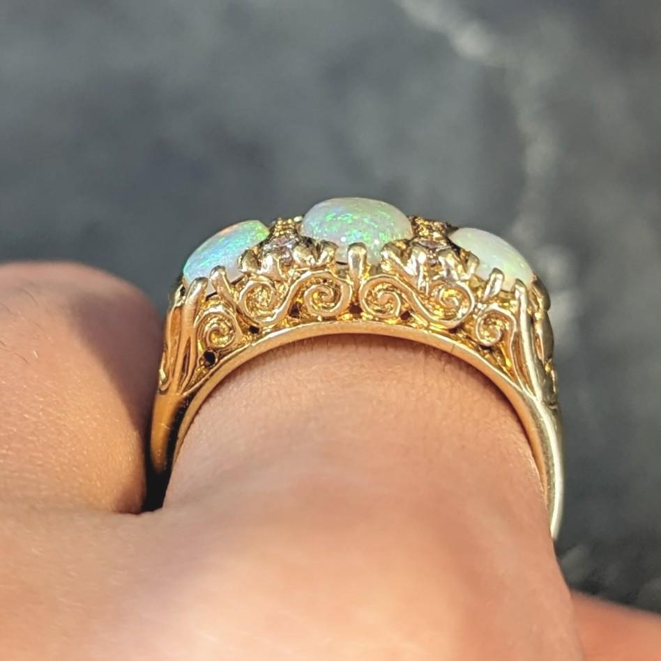 Vintage 1998 Opal Diamond 18 Karat Gold Scrolling Three Stone Ring For Sale 9